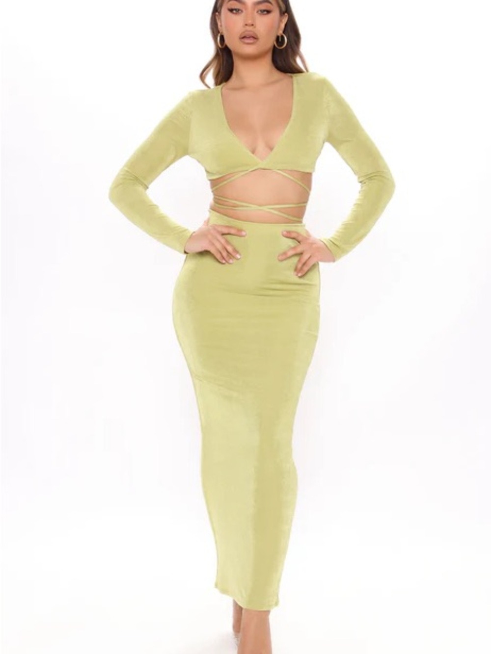 Fashion Nova Lime Green Wrap-Detail Long Sleeve Maxi Dress